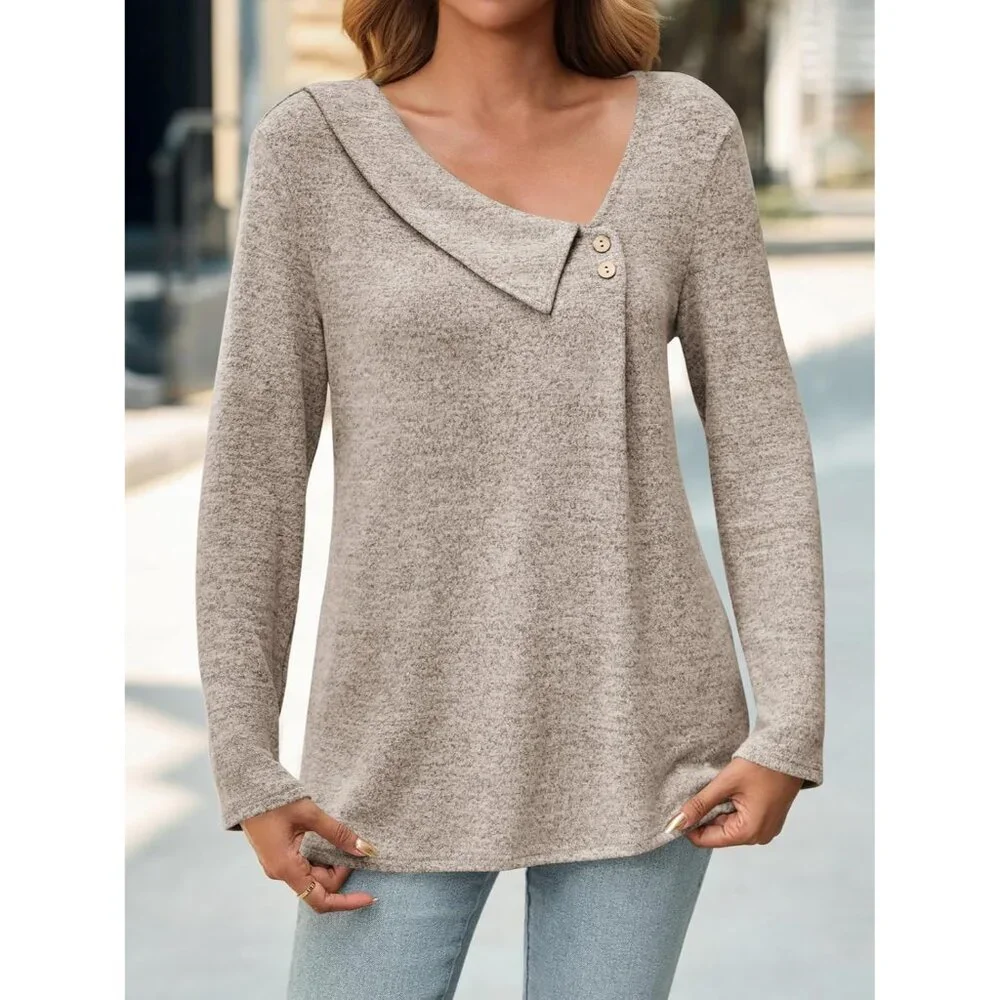 Women's Asymmetric V Neck Long Sleeve Blouse Plus Size Casual Work Top - Picture 2 of 5
